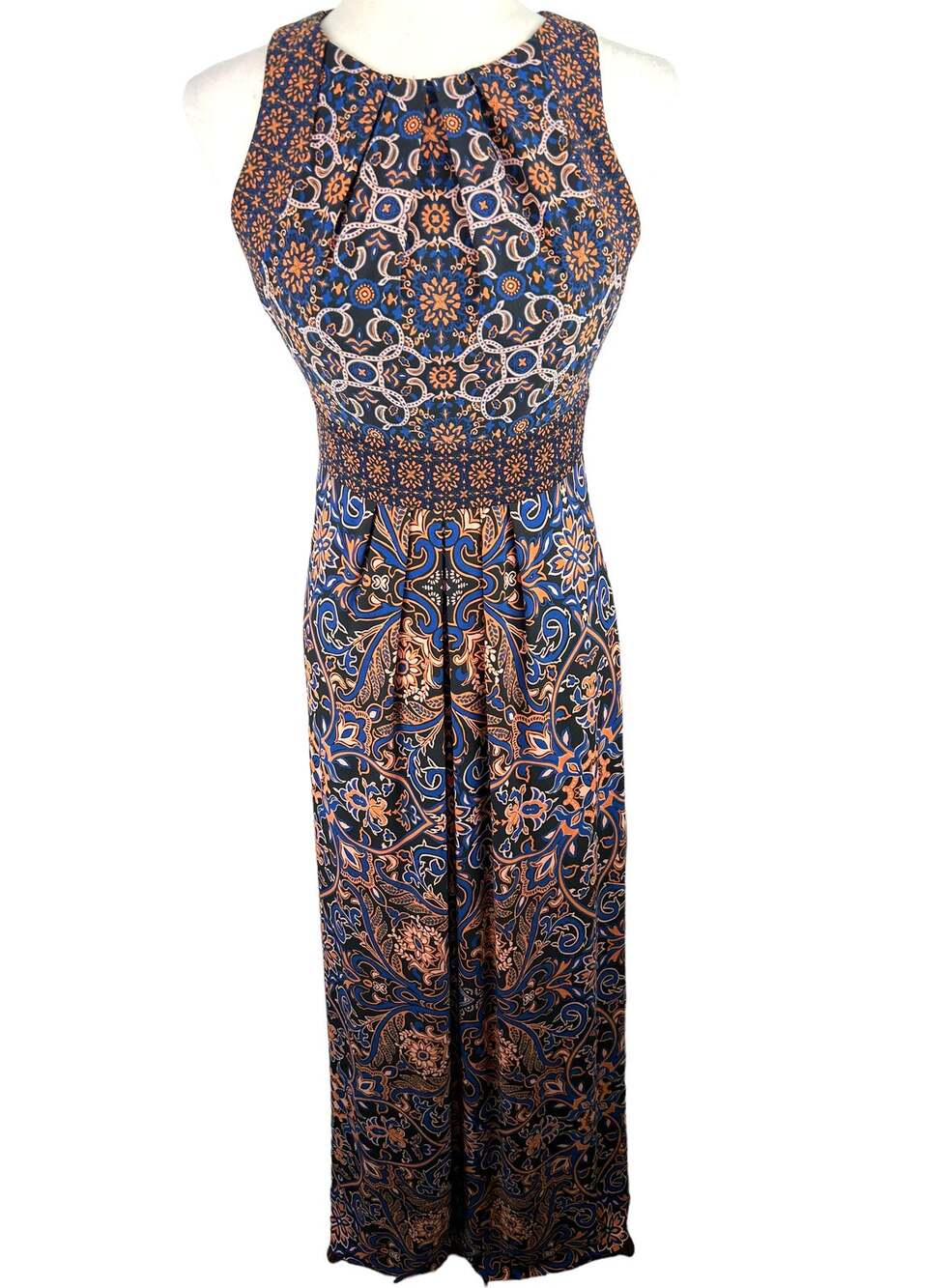 WISP Sleeveless Maxi Dress in Navy, Blue and Orange Pattern Size 0 EUC